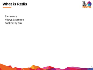 In-memory
NoSQL database
backed bydisk
6
What is Redis
 