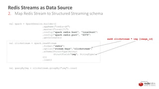 PRESENTED BY
Redis Streams as Data Source
2. Map Redis Stream to Structured Streaming schema
val spark = SparkSession.builder()
.appName("redis-df")
.master("local[*]")
.config("spark.redis.host", "localhost")
.config("spark.redis.port", "6379")
.getOrCreate()
val clickstream = spark.readStream
.format("redis")
.option("stream.keys","clickstream")
.schema(StructType(Array(
StructField("img", StringType)
)))
.load()
val queryByImg = clickstream.groupBy("img").count
xadd clickstream * img [image_id]
 
