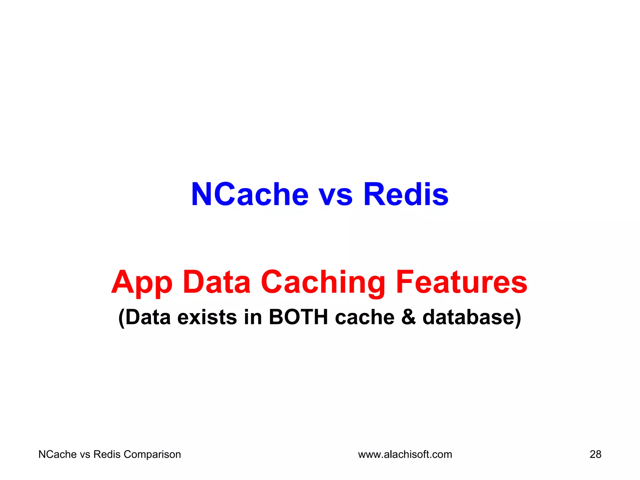 NCache vs Redis
App Data Caching Features
(Data exists in BOTH cache & database)
NCache vs Redis Comparison 28www.alachisoft.com
 