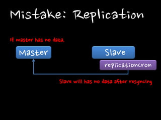 Mistake: Replication
If master has no data.

Master

Slave
replicationCron
Slave will has no data after resyncing

 