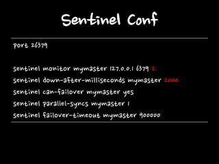 Sentinel Conf
port 26379
sentinel monitor mymaster 127.0.0.1 6379 2
sentinel down-after-milliseconds mymaster 2000
sentinel can-failover mymaster yes
sentinel parallel-syncs mymaster 1
sentinel failover-timeout mymaster 900000

 