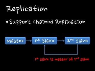 Replication
• Support Chained Replication
Master

st
1

Slave

nd
2

Slave

1st slave is master of 2nd slave

 