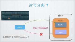 读写分离 ?
Master
slave
node2
cluser
client 默认不能读slave !
就是想读? 基于连接的readonly !!!
 