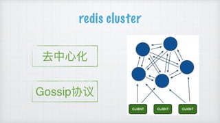 redis cluster
去中⼼心化
Gossip协议
 
