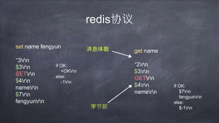 redis协议
set name fengyun
*3rn
$3rn
SETrn
$4rn
namern
$7rn
fengyunrn
if OK:
+OKrn
else:
-1rn
get name
*2rn
$3rn
GETrn
$4rn
...