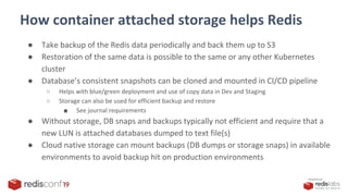 PRESENTED BY
How container attached storage helps Redis
● Take backup of the Redis data periodically and back them up to S3
● Restoration of the same data is possible to the same or any other Kubernetes
cluster
● Database’s consistent snapshots can be cloned and mounted in CI/CD pipeline
○ Helps with blue/green deployment and use of copy data in Dev and Staging
○ Storage can also be used for efficient backup and restore
■ See journal requirements
● Without storage, DB snaps and backups typically not efficient and require that a
new LUN is attached databases dumped to text file(s)
● Cloud native storage can mount backups (DB dumps or storage snaps) in available
environments to avoid backup hit on production environments
 