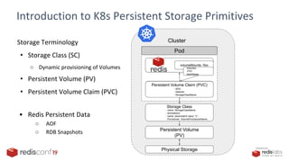 PRESENTED BY
Introduction to K8s Persistent Storage Primitives
Storage Terminology
• Storage Class (SC)
○ Dynamic provisioning of Volumes
• Persistent Volume (PV)
• Persistent Volume Claim (PVC)
• Redis Persistent Data
○ AOF
○ RDB Snapshots
Physical Storage
Persistent Volume Claims
(PVC)
Persistent Volume
(PV)
Cluster
Application
Pod
Redis volumeMounts: /foo
Volumes:
-PVC
claimName
Persistent Volume Claim (PVC)
- 50Gi
- Selector
- StorageClassName
Storage Class
- name: StorageClassName
- annotations:
- name: parameterA value: "x"
- Provisioner: VolumeProvisionerName
 