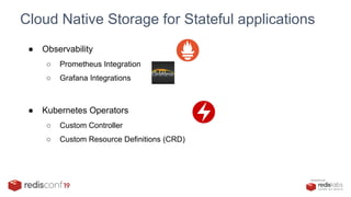 PRESENTED BY
Cloud Native Storage for Stateful applications
● Observability
○ Prometheus Integration
○ Grafana Integrations
● Kubernetes Operators
○ Custom Controller
○ Custom Resource Definitions (CRD)
 