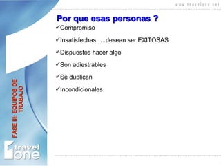 Por que esas personas ?   Compromiso Insatisfechas…..desean ser EXITOSAS Dispuestos hacer algo Son adiestrables Se duplican Incondicionales FASE III: EQUIPOS DE    TRABAJO 