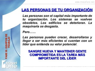 LAS PERSONAS DE TU ORGANIZACIÓN Las personas son el capital más importante de tu organización. Los sistemas se vuelven obsoletos. Los edificios se deterioran. La maquinaria se desgasta.  Pero…… Las personas pueden crecer, desarrollarse y llegar a ser más eficientes si cuentan con un líder que entienda su valor potencial . SANGRE NUEVA   Y MANTENER GENTE COMPROMETIDA ES LA TAREA MÁS IMPORTANTE DEL LÍDER FASE III: EQUIPOS DE    TRABAJO 