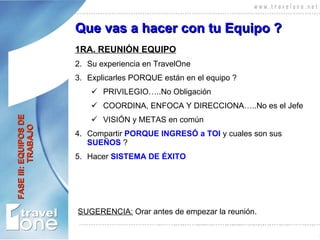 1RA. REUNIÓN EQUIPO Su experiencia en TravelOne Explicarles PORQUE están en el equipo ? PRIVILEGIO…..No Obligación COORDINA, ENFOCA Y DIRECCIONA…..No es el Jefe VISIÓN y METAS en común Compartir  PORQUE INGRESÓ a TOI  y cuales son sus  SUEÑOS  ?  Hacer  SISTEMA DE ÉXITO SUGERENCIA:  Orar antes de empezar la reunión. Que vas a hacer con tu Equipo ? FASE III: EQUIPOS DE    TRABAJO 