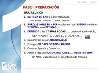 1RA. REUNIÓN SISTEMA DE ÉXITO  a mi Patrocinado Tomar apuntes / Tramitar ID / Lista de Contactos PORQUE INGRESÓ a TOI  y cuales son sus  SUEÑOS  y cuánto  TIEMPO  le va a  DEDICAR DETENGA  a las  CABRAS LOCAS ……..esparadrapo Invisible,  SEA PRUDENTE, CUIDE SUS PALABRAS… Compromiso de ser  ADIESTRABLE Entregar  CD CAPACITACIÓN BÁSICA Comprar Agenda y Cuaderno Asista a todas las  CAPACITACIONES…..”Hasta la Muerte” S/. 10.00 Capacitación y Presentación de Negocio FASE I: PREPARACIÓN 