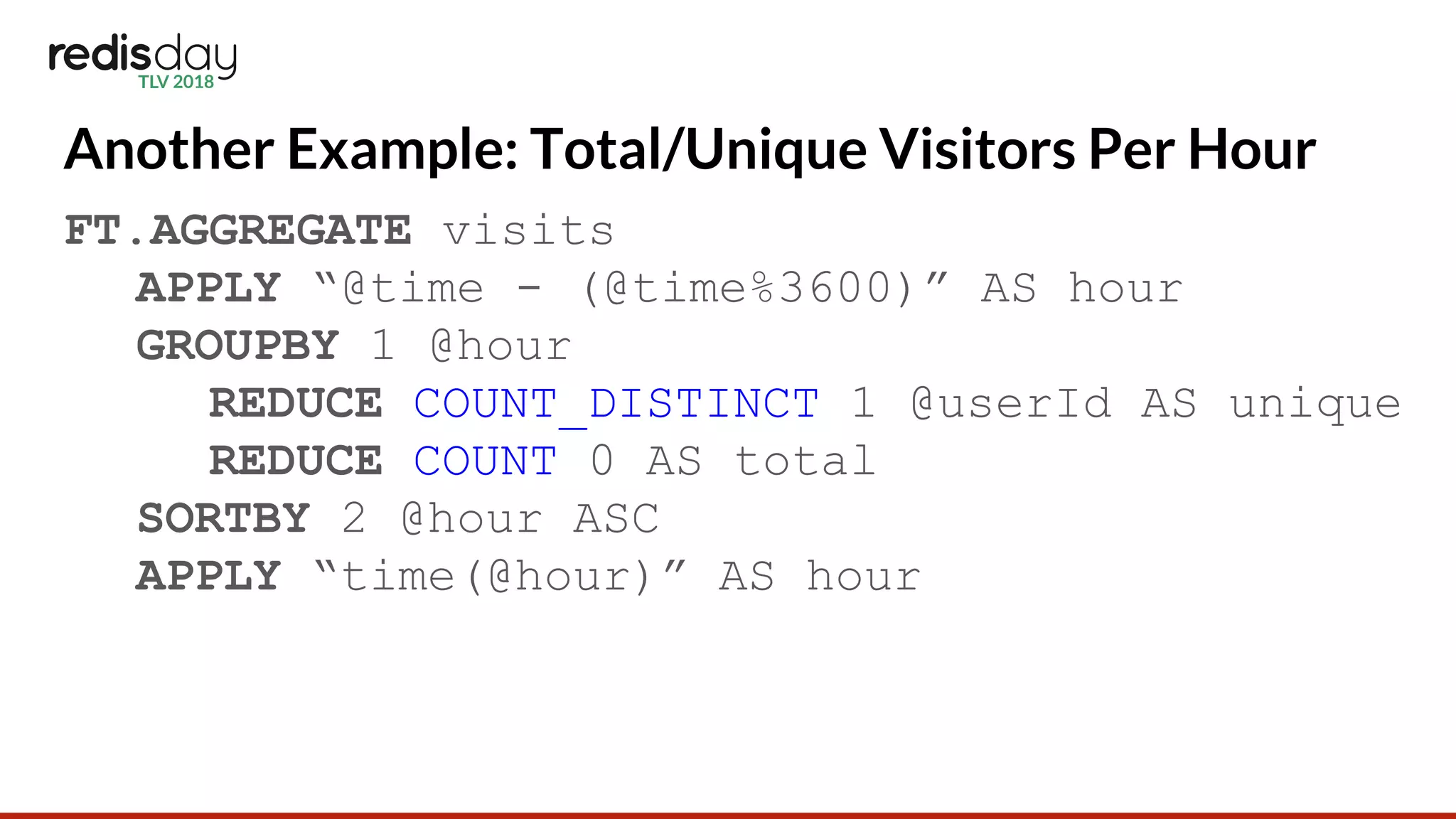 Another Example: Total/Unique Visitors Per Hour
FT.AGGREGATE visits
APPLY “@time - (@time%3600)” AS hour
GROUPBY 1 @hour
REDUCE COUNT_DISTINCT 1 @userId AS unique
REDUCE COUNT 0 AS total
SORTBY 2 @hour ASC
APPLY “time(@hour)” AS hour
 