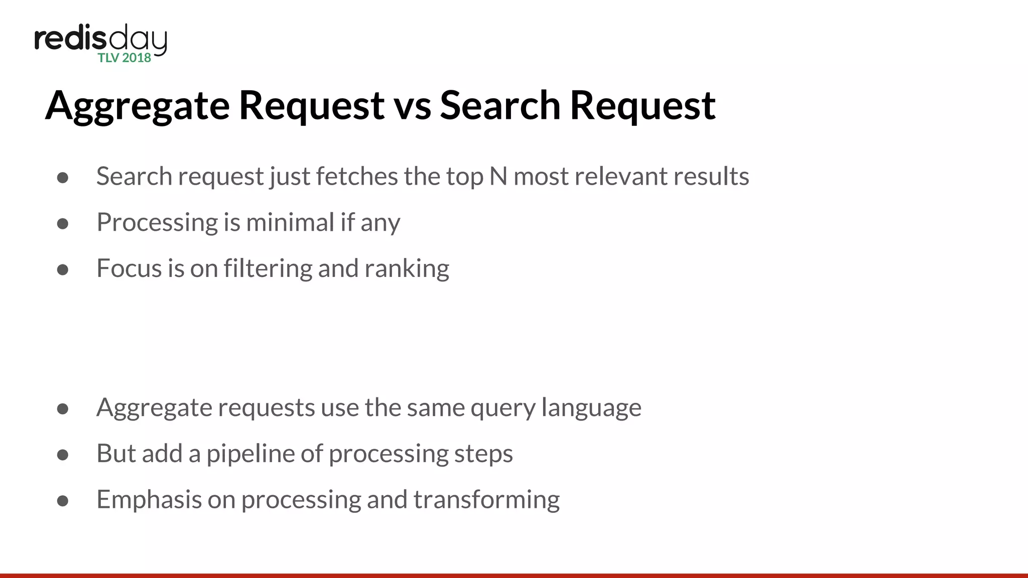 Aggregate Request vs Search Request
● Search request just fetches the top N most relevant results
● Processing is minimal if any
● Focus is on filtering and ranking
● Aggregate requests use the same query language
● But add a pipeline of processing steps
● Emphasis on processing and transforming
 