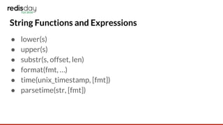 String Functions and Expressions
● lower(s)
● upper(s)
● substr(s, offset, len)
● format(fmt, …)
● time(unix_timestamp, [fmt])
● parsetime(str, [fmt])
 