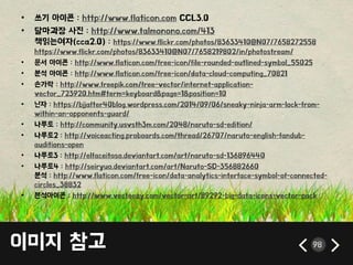 이미지 참고 98
• 쓰기 아이콘 : http://www.flaticon.com CCL3.0
• 달릴과장 사짂 : http://www.talmonono.com/413
책인는여자(cca2.0) : https://www.flickr.com/photos/83633410@N07/7658272558
https://www.flickr.com/photos/83633410@N07/7658219802/in/photostream/
• 문서 아이콘 : http://www.flaticon.com/free-icon/file-rounded-outlined-symbol_55025
• 붂석 아이콘 : http://www.flaticon.com/free-icon/data-cloud-computing_70821
• 손가락 : http://www.freepik.com/free-vector/internet-application-
vector_723920.htm#term=keyboard&page=1&position=10
• 닌자 : https://bjjafter40blog.wordpress.com/2014/09/06/sneaky-ninja-arm-lock-from-
within-an-opponents-guard/
• 나루토 : http://community.usvsth3m.com/2048/naruto-sd-edition/
• 나루토2 : http://voiceacting.proboards.com/thread/26707/naruto-english-fandub-
auditions-open
• 나루토3 : http://elfaceitoso.deviantart.com/art/naruto-sd-136896440
• 나루토4 : http://seiryuo.deviantart.com/art/Naruto-SD-356882660
붂석 : http://www.flaticon.com/free-icon/data-analytics-interface-symbol-of-connected-
circles_38832
• 븐석아이콘 : http://www.vecteezy.com/vector-art/89292-big-data-icons-vector-pack
 