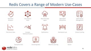 18
Redis Covers a Range of Modern Use-Cases
Real Time
Analytics
User Session
Store
Real Time Data
Ingest
High Speed
Transactions
Job & Queue
Management
Time Series Data Complex
Statistical Analysis
Notifications Distributed Lock Content Caching
Geospatial Data Streaming Data Machine Learning Search
 