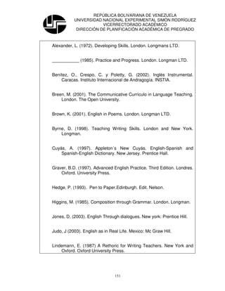 REPÚBLICA BOLIVARIANA DE VENEZUELA
           UNIVERSIDAD NACIONAL EXPERIMENTAL SIMÓN RODRÍGUEZ
                       VICERRECTORADO ACADÉMICO
            DIRECCIÓN DE PLANIFICACIÓN ACADÉMICA DE PREGRADO



Alexander, L. (1972). Developing Skills. London. Longmans LTD.


___________ (1985). Practice and Progress. London. Longman LTD.


Benítez, O., Crespo, C. y Poletty, G. (2002). Inglés Instrumental.
    Caracas. Instituto Internacional de Andragogía. INSTIA.


Breen, M. (2001). The Communicative Currículo in Language Teaching.
    London. The Open University.


Brown, K. (2001). English in Poems. London. Longman LTD.


Byrne, D. (1998). Teaching Writing Skills. London and New York.
    Longman.


Cuyás, A. (1997). Appleton´s New Cuyás. English-Spanish and
    Spanish-English Dictionary. New Jersey. Prentice Hall.


Graver, B.D. (1997). Advanced English Practice. Third Edition. Londres.
    Oxford. University Press.


Hedge, P. (1993). Pen to Paper.Edinburgh. Edit. Nelson.


Higgins, M. (1985). Composition through Grammar. London. Longman.


Jones, D. (2003). English Through dialogues. New york: Prentice Hill.


Judo, J (2003). English as in Real Life. Mexico: Mc Graw Hill.


Lindemann, E. (1987) A Rethoric for Writing Teachers. New York and
    Oxford. Oxford University Press.




                                151
 