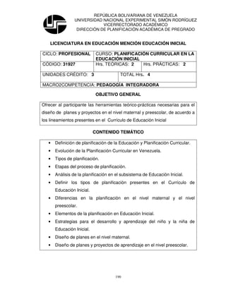 REPÚBLICA BOLIVARIANA DE VENEZUELA
                 UNIVERSIDAD NACIONAL EXPERIMENTAL SIMÓN RODRÍGUEZ
                             VICERRECTORADO ACADÉMICO
                  DIRECCIÓN DE PLANIFICACIÓN ACADÉMICA DE PREGRADO


    LICENCIATURA EN EDUCACIÓN MENCIÓN EDUCACIÓN INICIAL

CICLO: PROFESIONAL           CURSO: PLANIFICACIÓN CURRICULAR EN LA
                             EDUCACIÓN INICIAL
CÓDIGO: 31927                Hrs. TEÓRICAS: 2  Hrs. PRÁCTICAS: 2

UNIDADES CRÉDITO: 3                      TOTAL Hrs. 4

MACRO2COMPETENCIA: PEDAGOGÍA INTEGRADORA

                             OBJETIVO GENERAL

Ofrecer al participante las herramientas teórico-prácticas necesarias para el
diseño de planes y proyectos en el nivel maternal y preescolar, de acuerdo a
los lineamientos presentes en el Currículo de Educación Inicial

                            CONTENIDO TEMÁTICO

   •   Definición de planificación de la Educación y Planificación Curricular.
   •   Evolución de la Planificación Curricular en Venezuela.
   •   Tipos de planificación.
   •   Etapas del proceso de planificación.
   •   Análisis de la planificación en el subsistema de Educación Inicial.
   •   Definir los tipos de planificación presentes en el Currículo de
       Educación Inicial.
   •   Diferencias en la planificación en el nivel maternal y el nivel
       preescolar.
   •   Elementos de la planificación en Educación Inicial.
   •   Estrategias para el desarrollo y aprendizaje del niño y la niña de
       Educación Inicial.
   •   Diseño de planes en el nivel maternal.
   •   Diseño de planes y proyectos de aprendizaje en el nivel preescolar.




                                      190
 