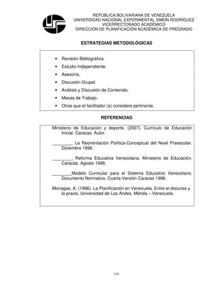 REPÚBLICA BOLIVARIANA DE VENEZUELA
           UNIVERSIDAD NACIONAL EXPERIMENTAL SIMÓN RODRÍGUEZ
                       VICERRECTORADO ACADÉMICO
            DIRECCIÓN DE PLANIFICACIÓN ACADÉMICA DE PREGRADO


                 ESTRATEGIAS METODOLÓGICAS


 •   Revisión Bibliográfica.
 •   Estudio Independiente.
 •   Asesoría.
 •   Discusión Grupal.
 •   Análisis y Discusión de Contenido.
 •   Mesas de Trabajo.
 •   Otras que el facilitador (a) considere pertinente.

                          REFERENCIAS

Ministerio de Educación y deporte. (2007). Currículo de Educación
     Inicial. Caracas. Autor.

________, La Reorientación Política-Conceptual del Nivel Preescolar.
    Diciembre 1996.

________, Reforma Educativa Venezolana. Ministerio de Educación.
    Caracas. Agosto 1998.

________Modelo Curricular para el Sistema Educativo Venezolano.
    Documento Normativo. Cuarta Versión Caracas 1998.

Monagas, A. (1996). La Planificación en Venezuela. Entre el discurso y
   la praxis, Universidad de Los Andes, Mérida – Venezuela.




                                 191
 