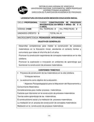REPÚBLICA BOLIVARIANA DE VENEZUELA
                  UNIVERSIDAD NACIONAL EXPERIMENTAL SIMÓN RODRÍGUEZ
                              VICERRECTORADO ACADÉMICO
                   DIRECCIÓN DE PLANIFICACIÓN ACADÉMICA DE PREGRADO


      LICENCIATURA EN EDUCACIÓN MENCIÓN EDUCACIÓN INICIAL

CICLO: PROFESIONAL           CURSO: CONSTRUCCIÓN DE PROCESOS
                             MATEMÁTICOS EN NIÑOS Y NIÑAS DE 0 A
                             6 AÑOS.
CÓDIGO: 31928                Hrs. TEÓRICAS: 2 Hrs. PRÁCTICAS: 2

UNIDADES CRÉDITO: 3                      TOTAL Hrs. 4

MACROCOMPETENCIA: PEDAGOGÍA INTEGRADORA

                           OBJETIVOS GENERALES

    Desarrollar competencias para mediar la construcción de procesos
    matemáticos en la Educación Inicial, atendiendo el contexto familiar y
    comunitario que rodea al niño/niña de 0 a 6 años.
    Promover la construcción espontánea de conceptos matemáticos en la vida
    cotidiana.
    Promover la exploración e innovación en ambientes de aprendizaje que
    favorezcan la construcción de procesos matemáticos.

                           CONTENIDO TEMÁTICO
•    Procesos de construcción de las matemáticos en la vida cotidiana
          * Enfoques teóricos
•    La autonomía como objetivo de la educación.
          * Aspectos Psicopedagógicos para la Adquisición del Razonamiento y
Conocimiento Matemático.
Consideraciones para mediar procesos matemáticos.
Factores que intervienen en la construcción de procesos matemáticos.
Teorías sobre aprendizaje de las matemáticas.
El constructivismo social y la mediación de procesos matemáticos.
La mediación en el proceso de construcción de conceptos matemáticos
Mediación en la construcción de procesos matemáticos




                                       192
 