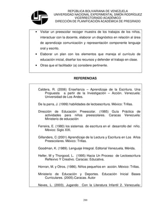 REPÚBLICA BOLIVARIANA DE VENEZUELA
               UNIVERSIDAD NACIONAL EXPERIMENTAL SIMÓN RODRÍGUEZ
                           VICERRECTORADO ACADÉMICO
                DIRECCIÓN DE PLANIFICACIÓN ACADÉMICA DE PREGRADO


•    Visitar un preescolar recoger muestra de los trabajos de los niños,
     interactuar con la docente, elaborar un diagnóstico en relación al área
     de aprendizaje comunicación y representación componente lenguaje
     oral y escrito.
•    Elaborar un plan con los elementos que maneja el currículo de
     educación inicial, diseñar los recursos y defender el trabajo en clase.
•    Otras que el facilitador (a) considere pertinente.



                              REFERENCIAS


    Caldera, R. (2006) Enseñanza – Aprendizaje de la Escritura. Una
        Propuesta a partir de la Investigación – Acción. Venezuela:
        Universidad de Los Andes.

    De la parra, J. (1999) habilidades de lectoescritura. México: Trillas.

    Dirección de Educación Preescolar. (1985) Guía Práctica de
         actividades para niños preescolares. Caracas Venezuela:
         Ministerio de educación

    Ferreira, E. (1980) los sistemas de escritura en el desarrollo del niño.
         México: Siglo XXI.

    Gillanders, C (2001) Aprendizaje de la Lectura y Escritura en Los Años
         Preescolares. México: Trillas.

    Goodman, K. (1989). Lenguaje Integral. Editorial Venezuela. Mérida.

    Heller, M y Thorgood, L. (1995) Hacia Un Proceso de Lectoescritura
         Reflexivo Y Creativo. Caracas: Educativa.

    Honran, M. y Otros. (1986). Niños pequeños en acción. México: Trillas.

    Ministerio de Educación y Deportes.            Educación    Inicial Bases
         Curriculares. (2005).Caracas. Autor

    Neves, L. (2003). Jugando       Con la Literatura Infantil 2. Venezuela:



                                     200
 