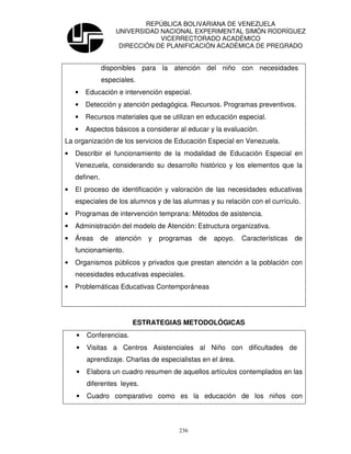 REPÚBLICA BOLIVARIANA DE VENEZUELA
                    UNIVERSIDAD NACIONAL EXPERIMENTAL SIMÓN RODRÍGUEZ
                                VICERRECTORADO ACADÉMICO
                     DIRECCIÓN DE PLANIFICACIÓN ACADÉMICA DE PREGRADO


               disponibles para la atención del niño con necesidades
               especiales.
    •   Educación e intervención especial.
    •   Detección y atención pedagógica. Recursos. Programas preventivos.
    •   Recursos materiales que se utilizan en educación especial.
    •   Aspectos básicos a considerar al educar y la evaluación.
La organización de los servicios de Educación Especial en Venezuela.
•   Describir el funcionamiento de la modalidad de Educación Especial en
    Venezuela, considerando su desarrollo histórico y los elementos que la
    definen.
•   El proceso de identificación y valoración de las necesidades educativas
    especiales de los alumnos y de las alumnas y su relación con el currículo.
•   Programas de intervención temprana: Métodos de asistencia.
•   Administración del modelo de Atención: Estructura organizativa.
•   Áreas      de   atención   y   programas   de   apoyo.   Características   de
    funcionamiento.
•   Organismos públicos y privados que prestan atención a la población con
    necesidades educativas especiales.
•   Problemáticas Educativas Contemporáneas




                         ESTRATEGIAS METODOLÓGICAS
    •   Conferencias.
    •   Visitas a Centros Asistenciales al Niño con dificultades de
        aprendizaje. Charlas de especialistas en el área.
    •   Elabora un cuadro resumen de aquellos artículos contemplados en las
        diferentes leyes.
    •   Cuadro comparativo como es la educación de los niños con



                                        236
 