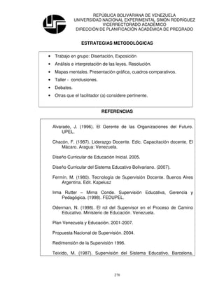 REPÚBLICA BOLIVARIANA DE VENEZUELA
                UNIVERSIDAD NACIONAL EXPERIMENTAL SIMÓN RODRÍGUEZ
                            VICERRECTORADO ACADÉMICO
                 DIRECCIÓN DE PLANIFICACIÓN ACADÉMICA DE PREGRADO


                   ESTRATEGIAS METODOLÓGICAS

•    Trabajo en grupo: Disertación, Exposición
•    Análisis e interpretación de las leyes. Resolución.
•    Mapas mentales. Presentación gráfica, cuadros comparativos.
•    Taller - conclusiones.
•    Debates.
•    Otras que el facilitador (a) considere pertinente.


                              REFERENCIAS


    Alvarado, J. (1996). El Gerente de las Organizaciones del Futuro.
         UPEL.

    Chacón, F. (1987). Liderazgo Docente. Edic. Capacitación docente. El
        Mácaro. Aragua: Venezuela.

    Diseño Curricular de Educación Inicial. 2005.

    Diseño Curricular del Sistema Educativo Bolivariano. (2007).

    Fermín, M. (1980). Tecnología de Supervisión Docente. Buenos Aires
        Argentina. Edit. Kapelusz

    Irma Rutter – Mirna Conde. Supervisión Educativa, Gerencia y
        Pedagógica. (1998). FEDUPEL.

    Oderman, N. (1998). El rol del Supervisor en el Proceso de Camino
        Educativo. Ministerio de Educación. Venezuela.

    Plan Venezuela y Educación. 2001-2007.

    Propuesta Nacional de Supervisión. 2004.

    Redimensión de la Supervisión 1996.

    Teixido, M. (1987). Supervisión del Sistema Educativo. Barcelona.



                                     278
 