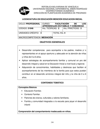 REPÚBLICA BOLIVARIANA DE VENEZUELA
                   UNIVERSIDAD NACIONAL EXPERIMENTAL SIMÓN RODRÍGUEZ
                               VICERRECTORADO ACADÉMICO
                    DIRECCIÓN DE PLANIFICACIÓN ACADÉMICA DE PREGRADO


    LICENCIATURA EN EDUCACIÓN MENCIÓN EDUCACION INICIAL

CICLO: PROFESIONAL            CURSO:      FACILITACIÓN      DE      LOS
                              APRENDIZAJES EN FAMILIA Y COMUNIDAD
CÓDIGO: 31948                 Hrs. TEÓRICAS: 2    Hrs. PRÁCTICAS: 2

UNIDADES CRÉDITO: 3                       TOTAL Hrs. 4

MACROCOMPETENCIA: MEDIACIÓN

                          OBJETIVOS 2GENERALES



•   Desarrollar competencias para acompañar a los padres, madres y/ o
    representantes en el apoyo oportuno y adecuado en la atención de niñas
    y niños de 0 a 6 años.
•   Aplicar estrategias de acompañamiento familiar y comunal en pro del
    desarrollo integral y salud en la Educación Inicial a nivel local y regional.
•   Adquisición de conocimientos, habilidades y destrezas que faciliten el
    acompañamiento de los miembros de la familia para que estos puedan
    contribuir en el desarrollo armónico integral del niño y la niña de 0 a 6
    años.

                             CONTENIDO TEMÁTICO

Conceptos Básicos
    •   Educación Familiar.
    •   Contexto Familiar.
    •   Patrones de crianza, culturales y valores familiares.
    •   Familia y comunidad integrados a la escuela para poyar el desarrollo
        infantil


Comprensión del comportamiento inadecuado en niños.




                                       280
 