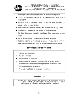 REPÚBLICA BOLIVARIANA DE VENEZUELA
               UNIVERSIDAD NACIONAL EXPERIMENTAL SIMÓN RODRÍGUEZ
                           VICERRECTORADO ACADÉMICO
                DIRECCIÓN DE PLANIFICACIÓN ACADÉMICA DE PREGRADO


     niveles para la elaboración de criterios de promoción de grado?
•    ¿Como se ha integrado el modelo de preescolar con el de toda la
     institución?
•    Importancia de la secuencia en el proceso de aprendizaje en los
     niños y niñas en estos niveles.
•    Características desarrollo evolutivo del los niños de 5, 6 y 7 años.
•    Ambiente de aprendizaje de preescolar y primer grado.
•    Perfil del docente de educación inicial y perfil del docente de primera
     etapa
•    Papel de los padres y representantes en este proceso.
•    Recomendaciones al maestro de 1er. grado para el perfeccionamiento
     de su desempeño en esta etapa de tránsito de preescolar a escolar

                    ESTRATEGIAS METODOLÓGICAS


•    Planificar una estrategia.
•    Planes o proyectos
•    Intercambio de experiencias.
•    Crear espacios de encuentro entre los niños de ambos niveles
     (conversatorios, socialización de los proyectos, visitas a las aulas,
     actividades lúdicas compartidas).
•    Otras que el facilitador (a) considere pertinente.




                             REFERENCIAS

    Cuenca, M. y otros (2006): “La articulación y continuidad entre la
        educación infantil y la educación primaria”. Conferencia. II Taller
        Internacional de Educación Inicial y Preescolar. La Habana.




                                    286
 
