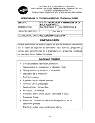 REPÚBLICA BOLIVARIANA DE VENEZUELA
                 UNIVERSIDAD NACIONAL EXPERIMENTAL SIMÓN RODRÍGUEZ
                             VICERRECTORADO ACADÉMICO
                  DIRECCIÓN DE PLANIFICACIÓN ACADÉMICA DE PREGRADO


    LICENCIATURA EN EDUCACIÓN MENCIÓN EDUCACION INICIAL

ELECTIVO                       CURSO: PROMOCIÓN Y ANIMACIÓN EN LA
                               EDUCACIÓN INICIAL
CÓDIGO: 31951                  Hrs. TEÓRICAS: 1  Hrs. PRÁCTICAS: 2

UNIDADES CRÉDITO: 2                       TOTAL Hrs. 3

MACROCOMPETENCIA: PEDAGOGÍA INTEGRADORA

                               OBJETIVO GENERAL

Estudiar y desarrollar las técnicas básicas del área de animación y recreación
con el objeto de capacitar al participante para planificar, programar y
ejercitar estos conocimientos en la organización de programas recreativos
en cualquiera de sus ámbitos educativos.

                              CONTENIDO TEMÁTICO

   •   Conceptualización: recreación, animación.
   •   Importancia de la recreación en la educación inicial.
   •   Tipos y técnicas de animación y recreación.
   •   Legislación de la recreación
   •   Perfil del recreador
   •   Expresión verbal, corporal y escrita.
   •   Técnicas: lúdicas y los juegos
   •   Teoría del ocio, y tiempo libre.
   •   Estrategias de abordaje
   •   Diferencia Entre Grupo, Equipo, Comunidad Y Masa.
   •   Pedagogía Grupal.
   •   Resolución de conflictos y técnicas de negociación, en las
       actividades grupales
   •   Diseño de rondas, juegos, dinámicas y talleres.




                                        290
 