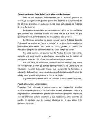 Estructura de cada Fase de la Práctica Docente Profesional
      Uno de los aspectos fundamentales de la actividad práctica lo
constituye su organización, puesto que de ella depende el cumplimiento de
los objetivos previstos en cada una de las fases del proceso de Práctica
Docente Profesional.
      En virtud de lo señalado, se hace necesario definir las peculiaridades
que conlleva esta actividad práctica en cada una de sus fases, lo que
garantizará eventualmente el éxito del desarrollo de este proceso.
      En términos generales, se puede señalar que la Práctica Docente
Profesional no consiste en “poner a trabajar” al participante sin un objetivo
previamente establecido; esta situación podrá generar la pérdida de
motivación por parte del estudiante hacia su futuro campo de acción.
      Por tales razones, se requiere que la Práctica Docente Profesional,
presente una organización y planificación coherentes que le faciliten al
participante su proyección laboral futura al momento de su egreso.
      Por otra parte, el análisis del contenido de cada fase requiere tomar
en consideración el Plan de Estudio correspondiente a la Licenciatura en
Educación mención Educación Inicial, que comprende la formación y
educación de los niños y niñas, desde los cero (0) hasta los seis (6) años de
edad y hasta que éstos ingresen a la Educación Básica.
      Siguiendo este orden de ideas, se presenta la estructura de cada fase:

Fase I. Observación y Diagnóstico:
Propósito: Está orientado a proporcionar a los practicantes, aquellas
actividades que le permitan la familiarización, es decir, el observar, conocer y
diagnosticar el funcionamiento general del centro de aplicación, interactuar
con los diferentes actores escolares y sus respectivos roles, además se
pondrá en contacto con la realidad educativa en la que actúa o le
corresponde actuar.




                                       84
 