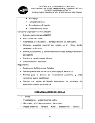 REPÚBLICA BOLIVARIANA DE VENEZUELA
                  UNIVERSIDAD NACIONAL EXPERIMENTAL SIMÓN RODRÍGUEZ
                              VICERRECTORADO ACADÉMICO
                   DIRECCIÓN DE PLANIFICACIÓN ACADÉMICA DE PREGRADO


          •   Andragogía
          •   Humanismo Crítico
          •   Aprendizaje por Proyecto
          •   Constructivismo Social
Estructura Organizacional de la UNESR
   •   Estructura administrativa UNESR.
   •   Autoridades nacionales.
   •   Autoridades. Coordinadores… donde pertenece el participante.
   •   Ubicación geográfica nacional, con énfasis en el          núcleo donde
       pertenece participante.
   •   Estructura académica y administrativa del núcleo donde pertenece el
       participante.
   •   Carreras y menciones por núcleos.
   •   Servicios socio – educativos.
Reglamentos
   •   Reglamento de Régimen de Estudios
   •   Normas para la acreditación del aprendizaje por experiencia
   •   Normas para el proceso de recuperación académica y otras
       normativas que se establezcan.
   •   Normas que regulan el Servicio Comunitario del estudiante de
       Educación Superior en la UNESR.



                       ESTRATEGIAS METODOLÒGICAS

   •   Talleres
   •   Investigaciones – presentaciones orales.
   •   Recorridos al núcleo, entrevistas focalizadas.
   •   Mapas creativos - Periódico          mural – exposiciones – trípticos –




                                       99
 