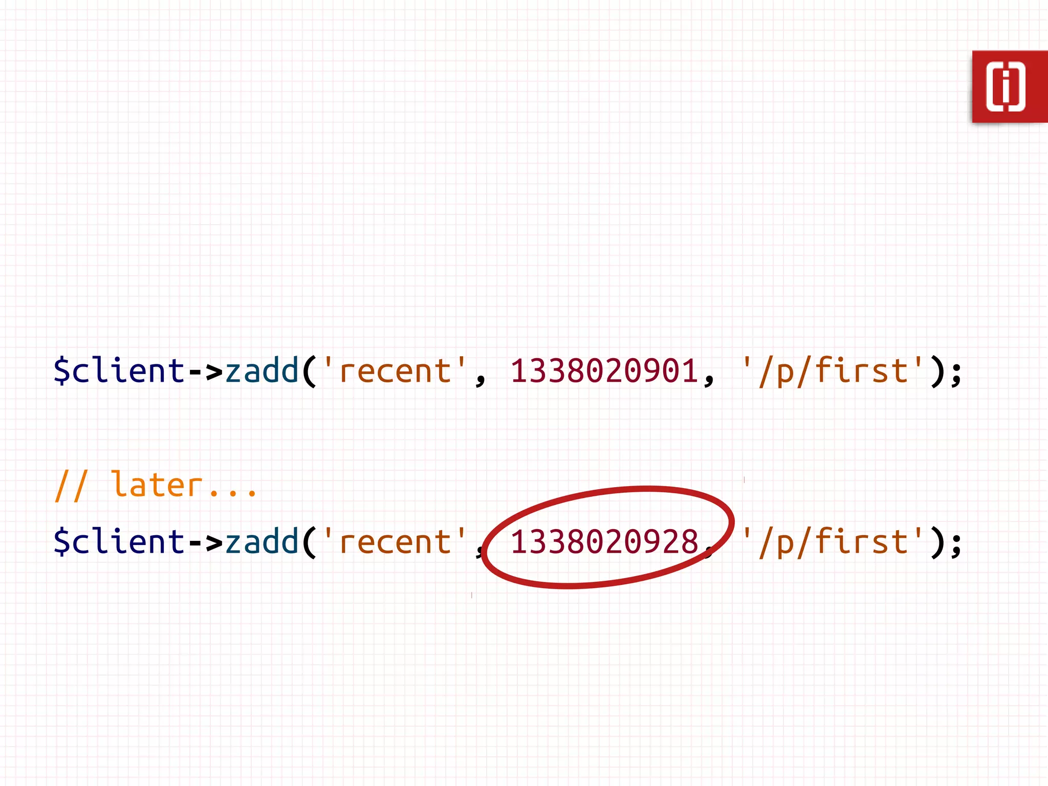 $client->zadd('recent', 1, '/p/first');
 