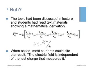 + Huh?
n  The topic had been discussed in lecture
and students had read text materials
showing a mathematical derivation.
n  When asked, most students could cite
the result, “The electric field is independent
of the test charge that measures it.”
October 19, 2015University of Washington
!
E
!
r( )=
!
Fq0
E net
q0
 