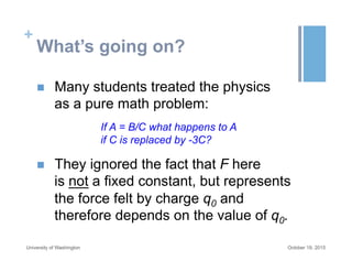 +
What’s going on?
n  Many students treated the physics
as a pure math problem:
If A = B/C what happens to A
if C is replaced by -3C?
n  They ignored the fact that F here
is not a fixed constant, but represents
the force felt by charge q0 and
therefore depends on the value of q0.
October 19, 2015University of Washington
 