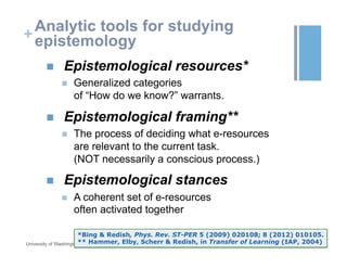 +
Analytic tools for studying
epistemology
October 19, 2015University of Washington
n  Epistemological resources*
n  Generalized categories
of “How do we know?” warrants.
n  Epistemological framing**
n  The process of deciding what e-resources
are relevant to the current task.
(NOT necessarily a conscious process.)
n  Epistemological stances
n  A coherent set of e-resources
often activated together
*Bing & Redish, Phys. Rev. ST-PER 5 (2009) 020108; 8 (2012) 010105.
** Hammer, Elby, Scherr & Redish, in Transfer of Learning (IAP, 2004)
 