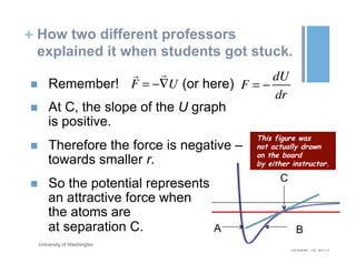 + How two different professors
explained it when students got stuck.
October 19, 2015
University of Washington
n  Remember! (or here)
n  At C, the slope of the U graph
is positive.
n  Therefore the force is negative –
towards smaller r.
n  So the potential represents
an attractive force when
the atoms are
at separation C.

F = −

∇U F = −
dU
dr
This figure was
not actually drawn
on the board
by either instructor.
 