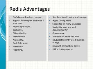 Redis Advantages
• Technology
• Procedure
• Policies
• Benefits
• No Schemas & column names.
• Support for complex datatypes &
structures.
• Atomic operations.
• Scalability.
• CLI availability.
• Performance.
• Availability.
• Fault Tolerance.
• Portability.
• Pipelining.
• Simple to install , setup and manage
• Highly Configurable
• Supported on many languages
• Straightforward and well
documented API
• Open source
• Available on Azure and AWS.
• LRU(Least Recently Used) eviction
of keys.
• Keys with limited time to live.
• LUA scripting support
 