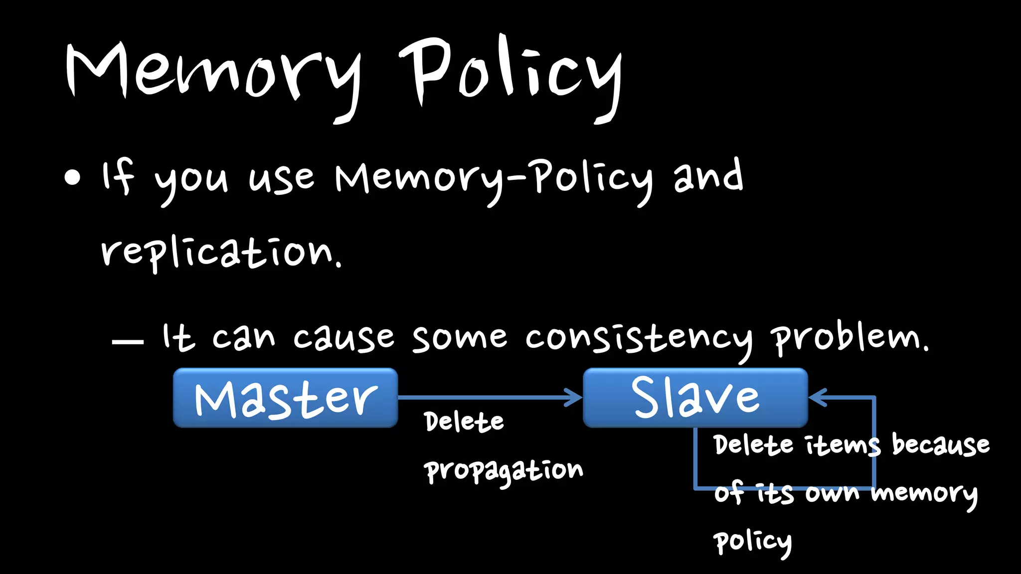 Memory Policy
• If you use Memory-Policy and
replication.
– It can cause some consistency problem.
Master SlaveDelete
propagation
Delete items because
of its own memory
policy
 