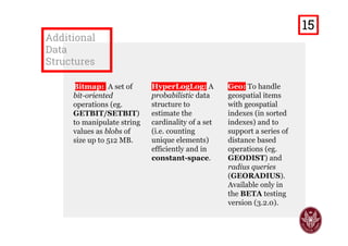 Interacting
with Hashes
Command line:
> hset myhash key1 A
(integer) 1
> hmset myhash key2 B key3 C
OK
> hget myhash key2
"B"
> hmget myhash key1 key3
1) "A"
2) "C"
> hgetall myhash
1) "key1"
2) "A"
3) "key2"
4) "B"
5) "key3"
6) "C"
Python:
>>> import redis
>>> r = redis.StrictRedis(
host='localhost',
port=6379, db=0
)
>>> r.hset('myhash', 'key1', 'A') 
1L
>>> r.hmset('myhash',
{'key2':'B', 'key3':'C'}
) 
True
>>> r.hget('myhash', 'key2')
'B'
>>> r.hmget('myhash', 'key1', 'key3') 
['A', 'C']
>>> r.hgetall('myhash')
{'key3': 'C', 'key2': 'B', 'key1': 'A'}
15
 