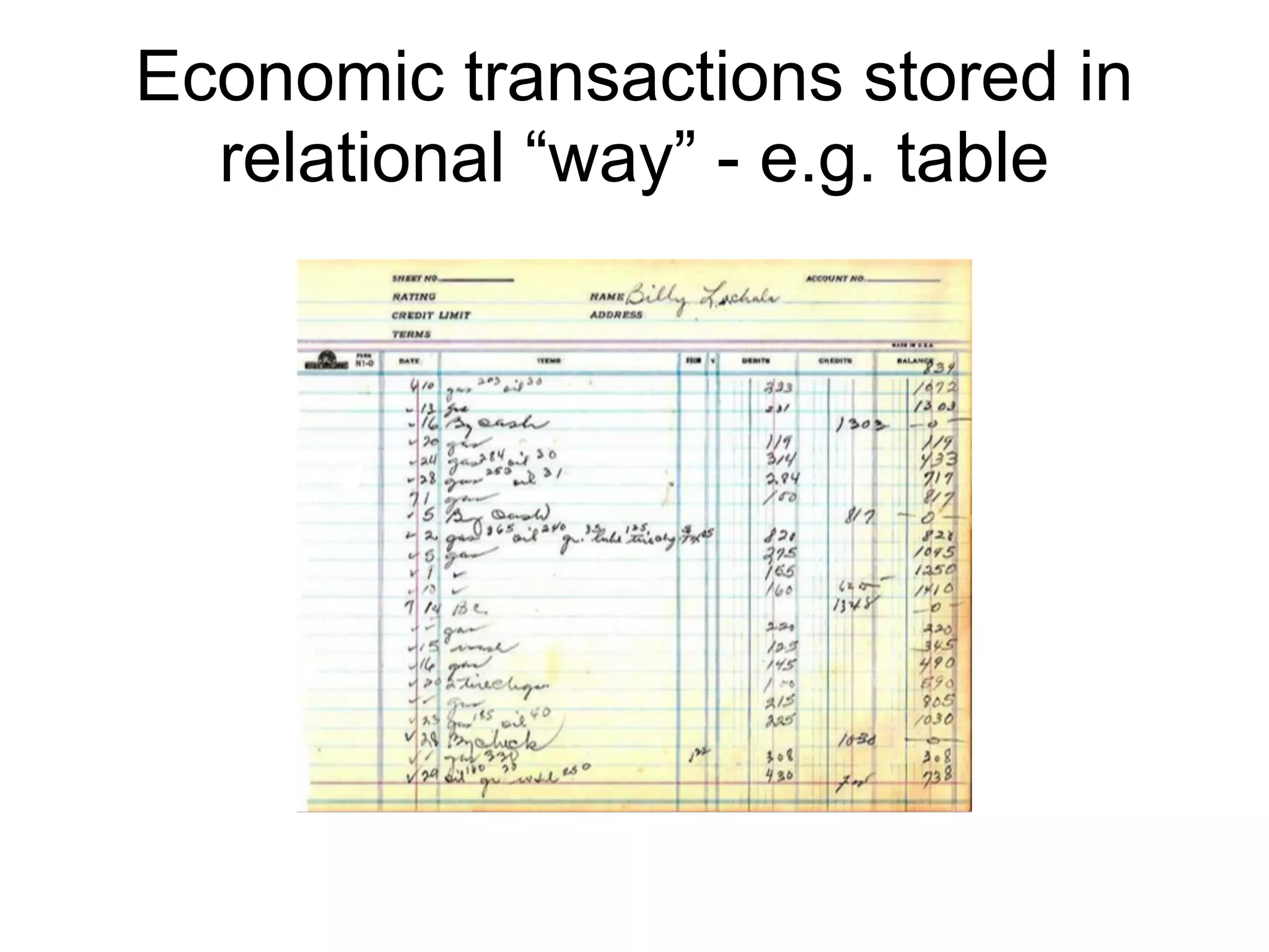 Economic transactions stored in
  relational “way” - e.g. table
 