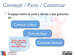 Começar / Parar / Continuar A equipe inteira se junta e discute o que gostariam de : Começar a fazer Parar de fazer Continuar fazendo Esta é uma das varias formas de fazer restrospectivas. 