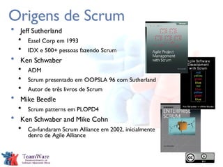Origens de Scrum Jeff Sutherland Easel Corp em 1993 IDX e 500+ pessoas fazendo Scrum Ken Schwaber ADM Scrum presentado em OOPSLA 96 com Sutherland Autor de três livros de Scrum Mike Beedle Scrum patterns em PLOPD4 Ken Schwaber and Mike Cohn Co-fundaram Scrum Alliance em 2002, inicialmente  denro de Agile Alliance 