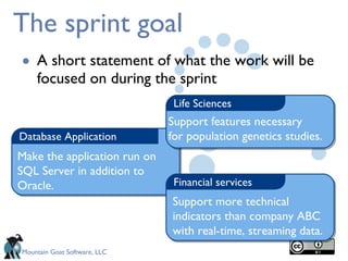 The sprint goal A short statement of what the work will be focused on during the sprint Database Application Financial services Life Sciences Support features necessary  for population genetics studies. Support more technical indicators than company ABC with real-time, streaming data. Make the application run on SQL Server in addition to Oracle. 