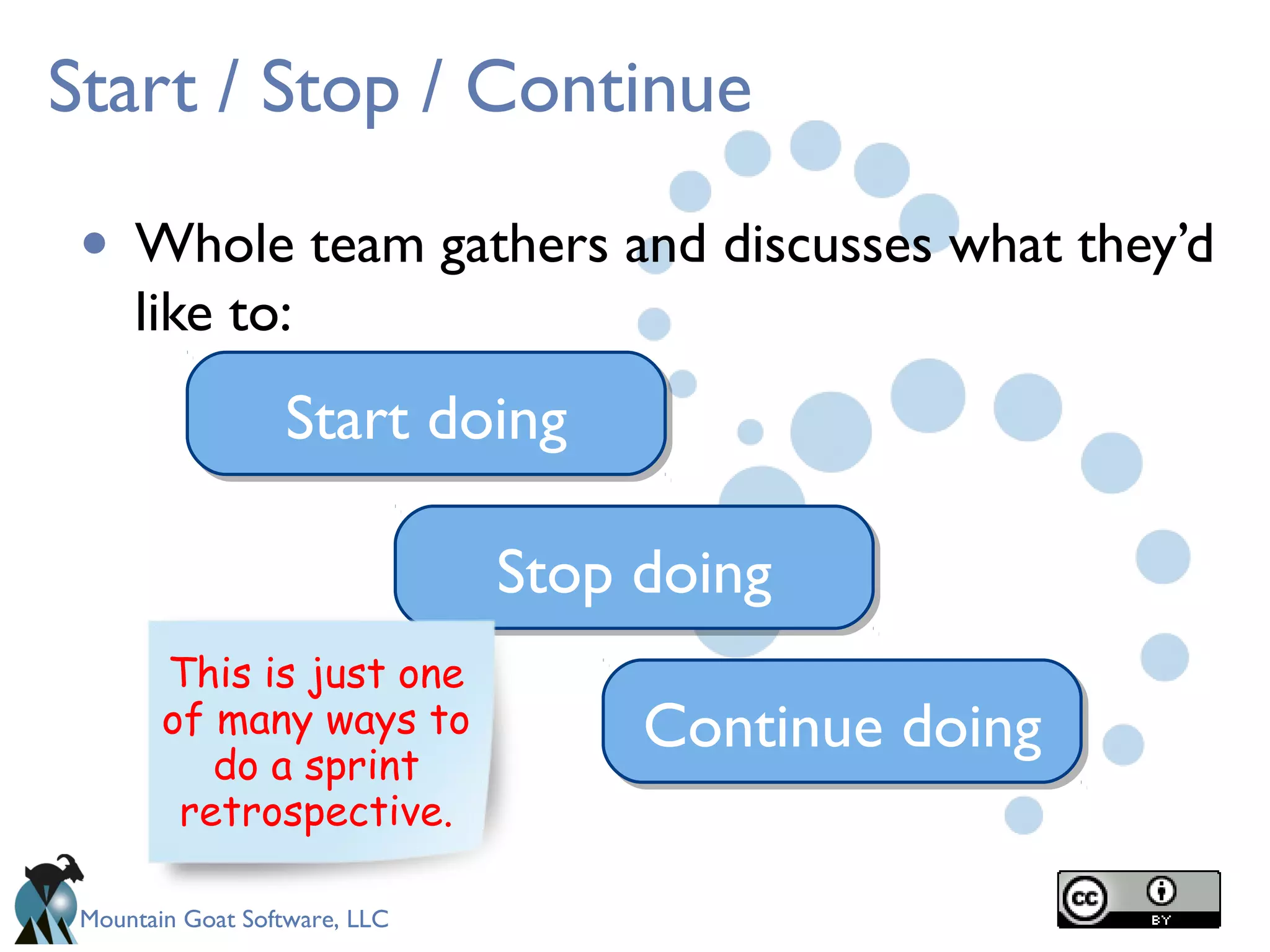 Mountain Goat Software, LLC
Start / Stop / Continue
• Whole team gathers and discusses what they’d
like to:
Start doingStart doing
Stop doingStop doing
Continue doingContinue doing
This is just one
of many ways to
do a sprint
retrospective.
 