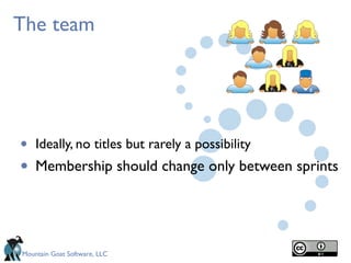 Mountain Goat Software, LLC
The team
• Ideally, no titles but rarely a possibility
• Membership should change only between sprints
 
