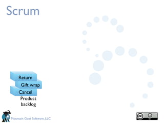 Scrum



     Return
      Gift wrap
     Cancel
      Product
      backlog

Mountain Goat Software, LLC
 