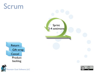 Scrum

                                  Sprint
                              2-4 settimane




     Return
      Gift wrap
     Cancel
      Product
      backlog

Mountain Goat Software, LLC
 