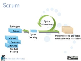 Scrum

                                            Sprint
                                        2-4 settimane
      Sprint goal
         Return
                               Sprint                   Incremento del prodotto
    Cancel                    backlog                   potenzialmente rilasciabile
     Coupons
   Gift wrap
     Product
     backlog

Mountain Goat Software, LLC
 